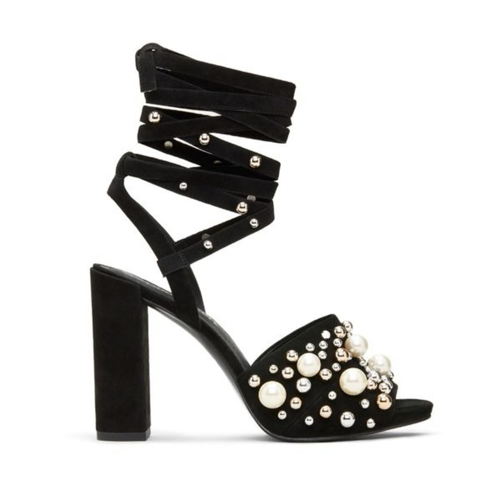 Kenneth Cole New York Black Strappy Sandals with Pearls